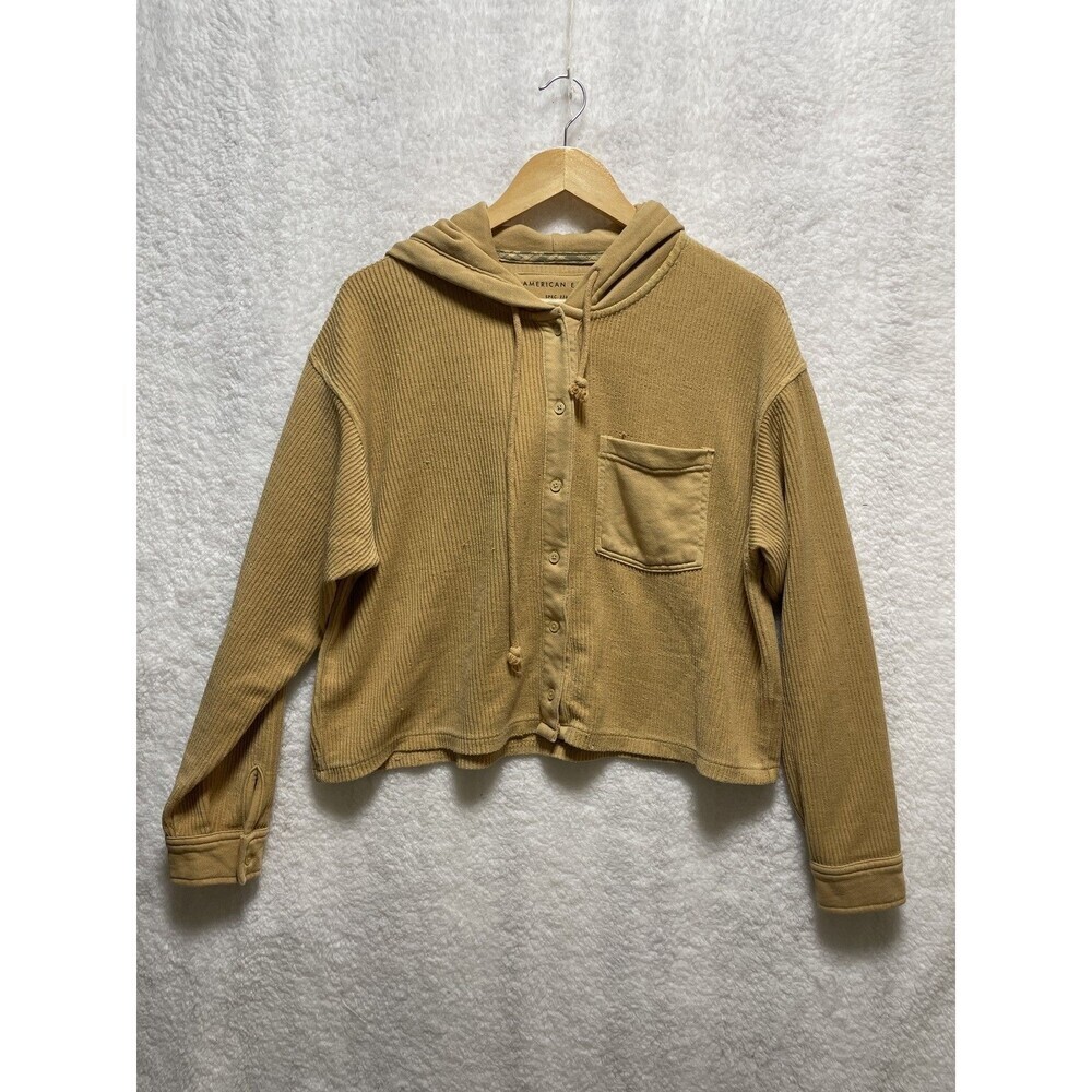 American Eagle Hoodie Women’s M Yellow Ribbed Knit Button Front Long Sleeve